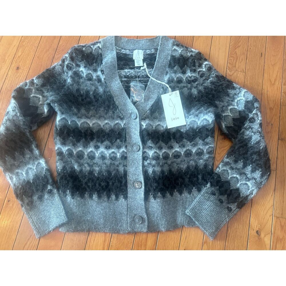 NWT JOIE XS Wool Blend V Neck Cardigan Sweater Grey Print